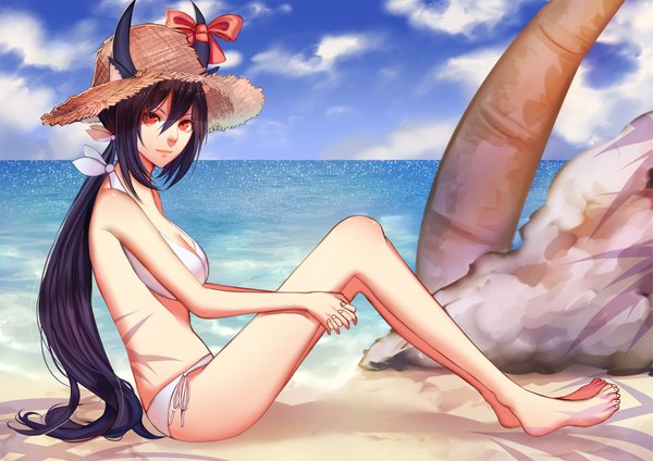 Anime picture 1681x1188 with original whither laws single long hair looking at viewer light erotic black hair red eyes animal ears ponytail barefoot bare legs beach girl swimsuit hat bikini white bikini