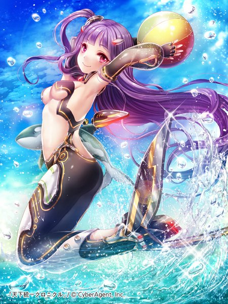 Anime picture 600x800 with tenka touitsu chronicle original kempin single tall image looking at viewer breasts light erotic smile purple hair very long hair pink eyes official art one side up underboob girl gloves animal water water drop