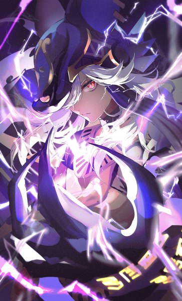 Anime picture 2090x3454 with genshin impact cyno (genshin impact) koujisako single long hair tall image looking at viewer fringe highres red eyes upper body white hair hair over one eye dark skin electricity boy headdress claws