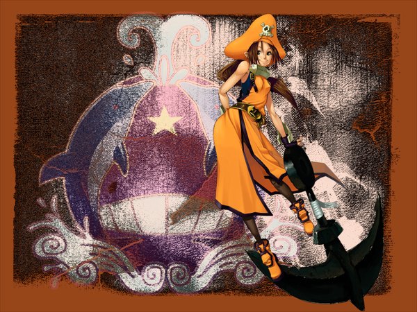 Anime picture 1536x1152 with guilty gear may (guilty gear) highres smile brown hair brown eyes skull and crossbones pirate gloves hat pantyhose boots belt fingerless gloves star (symbol) buckles anchor pirate hat whale syuei
