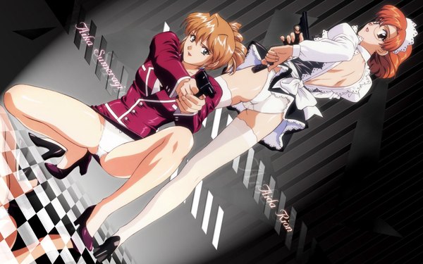 Anime picture 1680x1050 with agent aika sumeragi aika rion aida light erotic wide image multiple girls brown eyes green eyes looking back from behind orange hair maid pantyshot legs back checkered floor girl thighhighs underwear panties