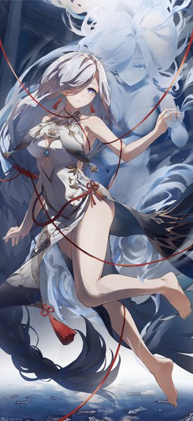 Anime picture 2906x6314 with genshin impact shenhe (genshin impact) swkl:d single tall image fringe highres breasts blue eyes light erotic large breasts looking away silver hair full body braid (braids) very long hair nail polish traditional clothes parted lips barefoot