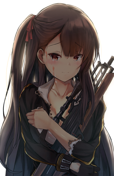 Anime-Bild 800x1233 mit girls frontline wa2000 (girls frontline) septet (zrca janne) single long hair tall image looking at viewer blush fringe breasts smile hair between eyes brown hair holding brown eyes cleavage upper body tears one side up torn clothes