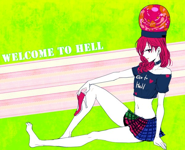 Anime picture 999x808 with touhou hecatia lapislazuli nr (cmnrr) single long hair looking at viewer sitting bare shoulders pink hair bent knee (knees) profile pink eyes barefoot bare belly high heels text english green background shoes removed girl