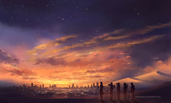 Anime picture 1100x664 with megatruh long hair wide image standing sky wind from behind back city evening sunset group horizon mountain landscape scenic city lights weapon gun building (buildings)