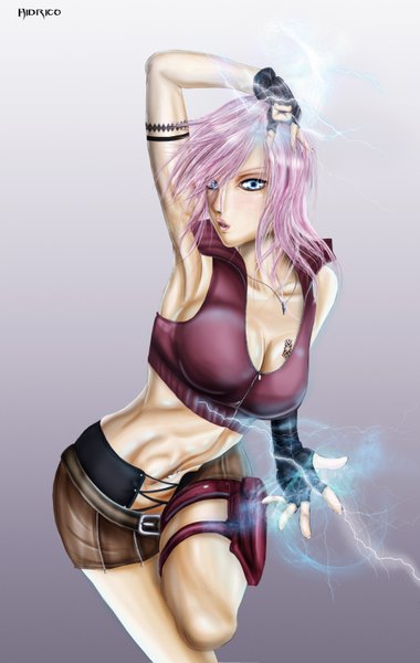 Anime picture 2000x3154 with final fantasy final fantasy xiii square enix lightning farron hidrico long hair tall image highres blue eyes pink hair lips grey background armpit (armpits) tattoo magic lightning electricity girl shorts belt
