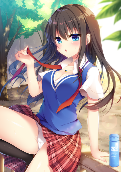 Anime picture 800x1131 with original moe2018 shikitani asuka single long hair tall image blush fringe open mouth blue eyes light erotic hair between eyes brown hair sitting looking away outdoors arm support plaid skirt skirt lift open collar