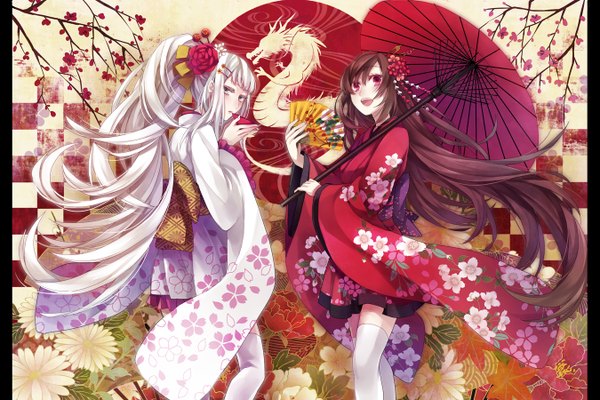 Anime picture 1350x900 with original yuzuki karu long hair open mouth black hair red eyes multiple girls white hair ponytail japanese clothes grey eyes happy new year plum blossoms seigaiha girl thighhighs hair ornament flower (flowers) black thighhighs 2 girls