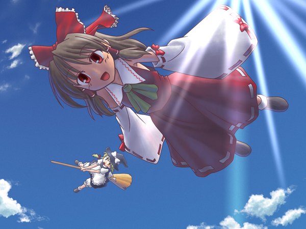 Anime picture 1600x1200 with touhou hakurei reimu kirisame marisa tagme (artist) long hair looking at viewer short hair open mouth black hair red eyes multiple girls sky cloud (clouds) full body :d sunlight wide sleeves flying sunbeam witch
