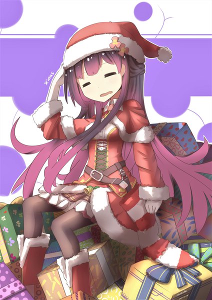 Anime picture 2480x3507 with flower knight girl ionocidium (flower knight girl) hinbackc single long hair tall image fringe highres open mouth sitting purple hair eyes closed christmas half updo hand on head lacing = = girl hat pantyhose