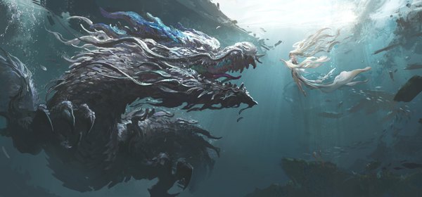 Anime picture 6222x2901 with original leo-dont-want-to-be-a-painter single long hair highres wide image absurdres full body white hair barefoot wide sleeves underwater fantasy girl dress white dress dragon eastern dragon