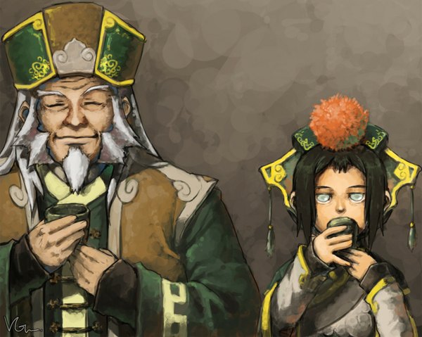 Anime picture 1024x819 with avatar: the last airbender nickelodeon toph beifong iroh virusgarura long hair short hair black hair simple background holding signed eyes closed traditional clothes grey hair grey eyes drinking old man girl boy headdress
