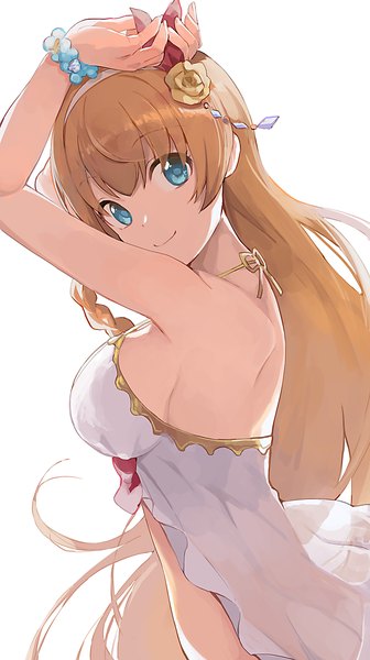 Anime picture 840x1500 with princess connect! re:dive princess connect! pecorine (princess connect!) hiroki (yyqw7151) single long hair tall image looking at viewer fringe breasts blue eyes light erotic simple background large breasts standing white background bare shoulders payot braid (braids) head tilt