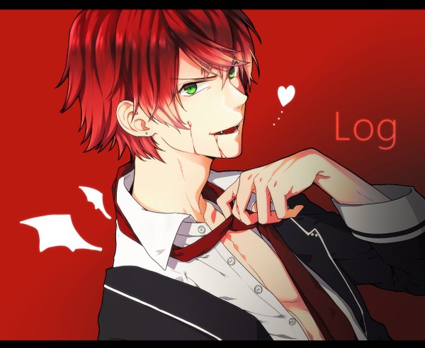 Anime picture 1200x983 with diabolik lovers idea factory sakamaki ayato kuwa ayase single fringe short hair open mouth simple background hair between eyes green eyes upper body red hair fang (fangs) open shirt letterboxed undressing red background blood on face vampire