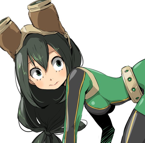 Anime picture 4000x3936 with boku no hero academia studio bones asui tsuyu enami katsumi single long hair blush fringe highres black hair simple background hair between eyes white background looking away absurdres black eyes low ponytail on all fours goggles on head girl