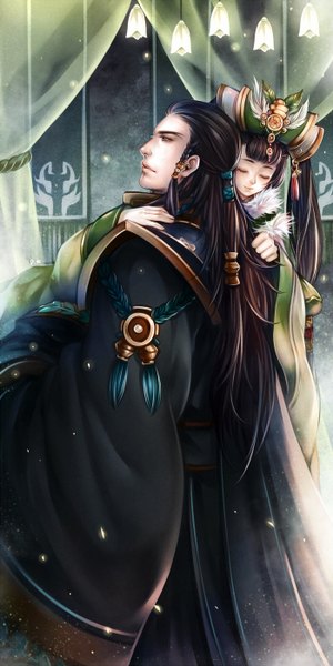 Anime picture 700x1400 with gu jian qi tan chen ye chen xi dk (pixiv) single long hair tall image black hair brown hair holding braid (braids) eyes closed traditional clothes profile grey eyes siblings brother and sister girl boy hair ornament