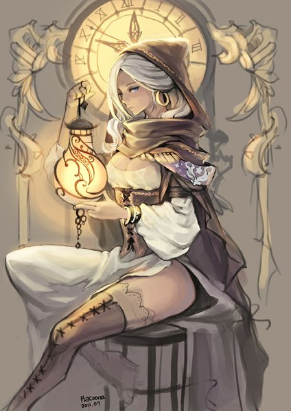 Anime picture 636x900 with original racoona single long hair tall image looking at viewer breasts blue eyes light erotic sitting holding bent knee (knees) white hair underbust girl dress earrings boots bracelet white dress