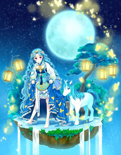 Anime picture 900x1151 with original maha (hyukyu6) single long hair tall image looking at viewer purple eyes blue hair waterfall girl dress plant (plants) tree (trees) water insect butterfly moon