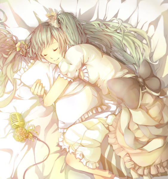 Anime picture 1029x1097 with vocaloid hatsune miku nominc single long hair tall image blush twintails lying eyes closed green hair light smile hug sleeping girl dress hair ornament flower (flowers) bow frills