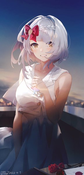 Anime picture 2791x5795 with genshin impact noelle (genshin impact) swkl:d single tall image looking at viewer blush fringe highres short hair breasts bare shoulders holding signed yellow eyes sky silver hair outdoors blunt bangs braid (braids)