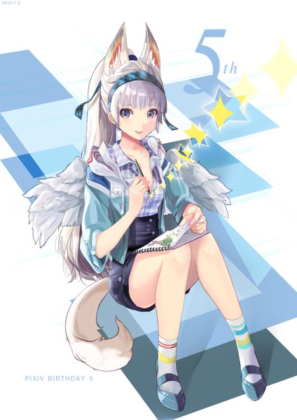 Anime picture 900x1273 with original os-tan pixiv-tan sera (kpj11) single long hair tall image looking at viewer fringe blonde hair smile sitting purple eyes holding animal ears ponytail tail animal tail legs fox ears