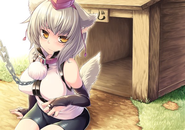 Anime picture 2197x1553 with touhou inubashiri momiji luliao single highres animal ears yellow eyes silver hair animal tail girl chain collar leggings