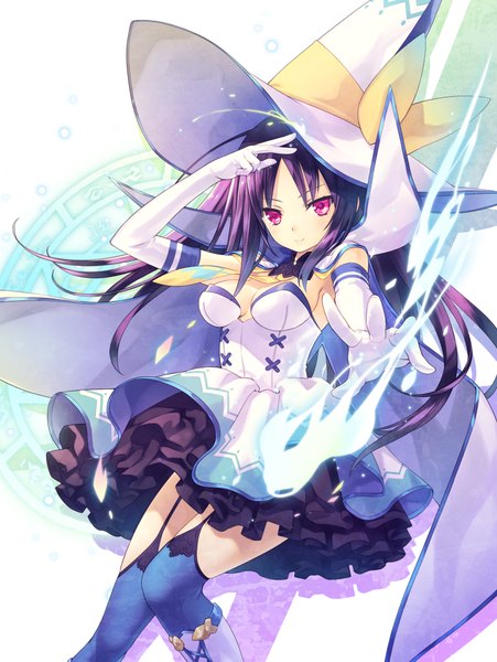 Anime picture 3080x4097 with original hirano katsuyuki single long hair tall image looking at viewer highres breasts smile absurdres purple hair pink eyes magic lacing witch girl thighhighs dress gloves hat