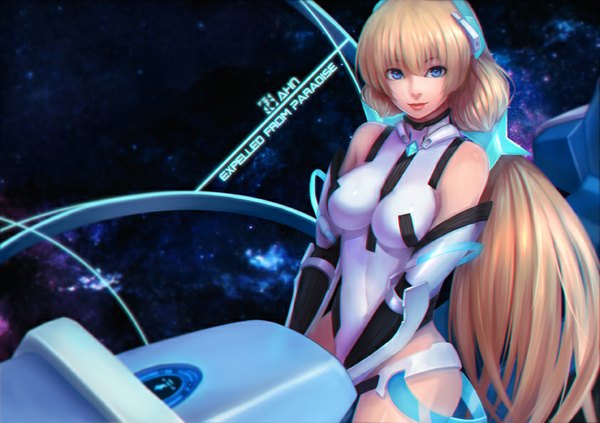 Anime picture 842x595 with expelled from paradise angela balzac whitem (whiteemperor2020) single long hair looking at viewer fringe blue eyes light erotic blonde hair twintails lips low twintails girl bodysuit