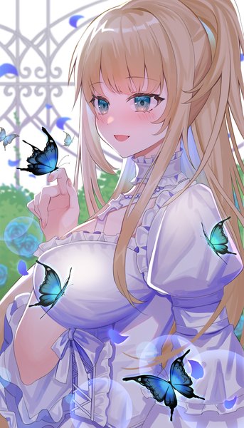 Anime picture 2000x3495 with original amahara subaru single long hair tall image blush fringe highres breasts open mouth blonde hair smile large breasts payot looking away upper body ponytail blunt bangs long sleeves :d