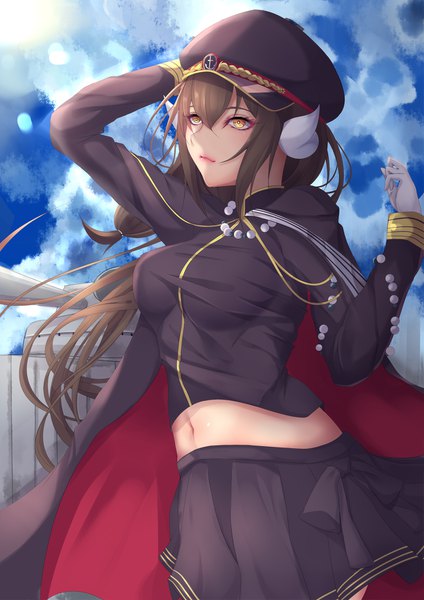 Anime picture 1240x1754 with azur lane hiei (azur lane) shiro usagi single long hair tall image blush fringe breasts hair between eyes brown hair standing yellow eyes payot looking away sky cloud (clouds) outdoors pleated skirt arm up