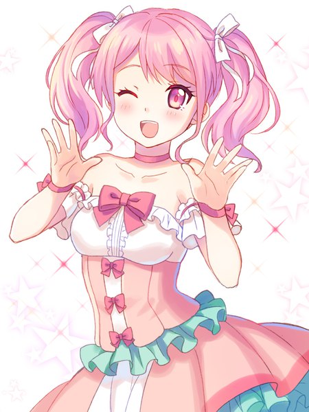 Anime picture 810x1080 with bang dream! maruyama aya shati single long hair tall image looking at viewer blush open mouth twintails pink hair upper body pink eyes sparkle ;d girl dress ribbon (ribbons) bow hair ribbon