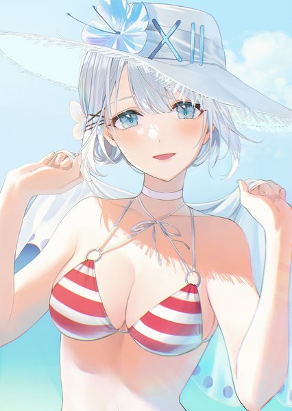Anime picture 1200x1690 with tantei wa mou shindeiru siesta (tantei wa mou shindeiru) magako single tall image looking at viewer blush short hair breasts blue eyes light erotic large breasts holding sky cleavage silver hair cloud (clouds) outdoors arms up girl