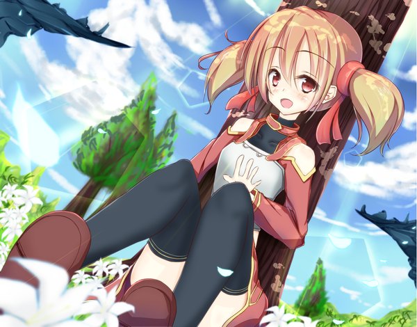 Anime picture 1020x800 with sword art online a-1 pictures silica shirotaso0818 blush short hair open mouth red eyes brown hair twintails cloud (clouds) short twintails girl thighhighs flower (flowers) black thighhighs plant (plants) petals tree (trees)