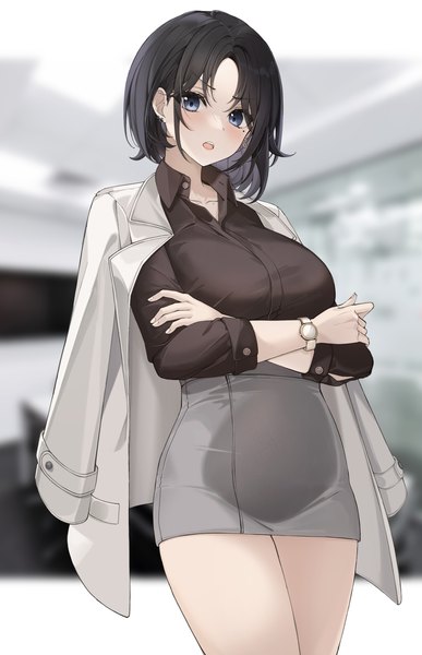 Anime picture 3661x5674 with original lebring single tall image looking at viewer blush fringe highres short hair breasts open mouth blue eyes black hair standing absurdres long sleeves blurry mole depth of field mole under eye