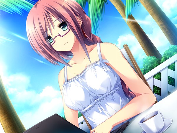 Anime picture 1024x768 with damatte watashi no muko ni nare! long hair green eyes pink hair game cg girl glasses sundress cup