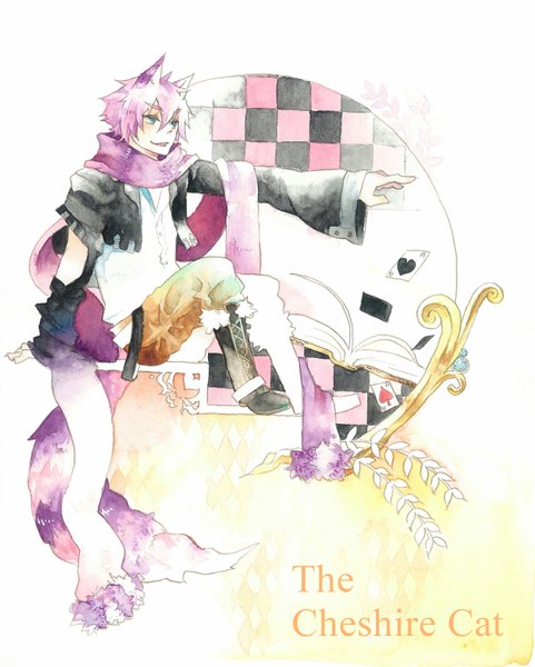 Anime picture 2540x3168 with alice in wonderland cheshire cat oushi suisai single tall image highres short hair green eyes animal ears pink hair tail checkered checkered background boy boots scarf