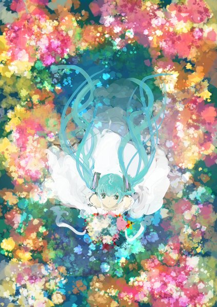 Anime picture 1748x2480 with vocaloid hatsune miku rosicrucuans (pixiv) single tall image looking at viewer fringe highres standing twintails holding aqua eyes from above aqua hair alternate costume looking up wedding girl dress flower (flowers)