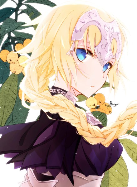 Anime picture 700x956 with fate (series) fate/apocrypha jeanne d'arc (fate) (all) jeanne d'arc (fate) tsukimori usako single long hair tall image looking at viewer blush fringe blue eyes blonde hair signed upper body braid (braids) parted lips single braid dated girl