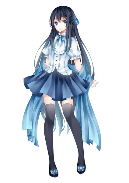 Anime picture 2480x3507 with original stari single long hair tall image looking at viewer highres blue eyes black hair simple background standing white background legs girl thighhighs skirt black thighhighs miniskirt shirt bowtie