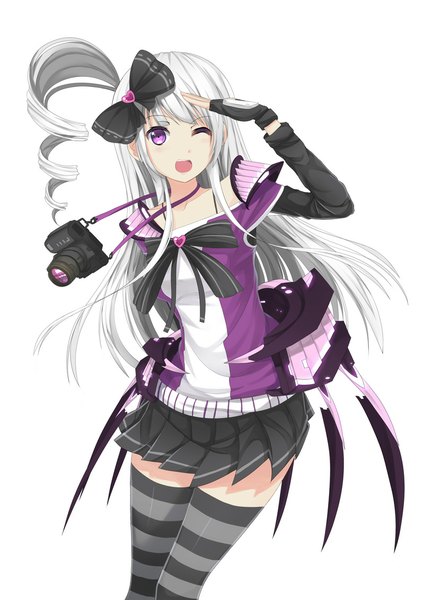 Anime picture 800x1131 with original riki-to single long hair tall image fringe open mouth simple background white background purple eyes white hair one eye closed wink one side up drill hair ;d girl thighhighs dress bow