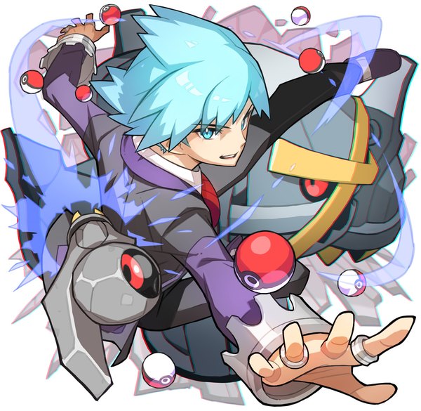 Anime picture 1025x1000 with pokemon pokemon (game) pokemon oras nintendo steven stone metagross beldum saitou naoki single fringe short hair open mouth blue eyes blue hair looking away from above glowing spread arms spiked hair gen 3 pokemon