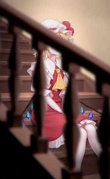 Anime picture 1095x1783 with touhou flandre scarlet torinari (dtvisu) single tall image short hair blonde hair sitting indoors tears covering sad covering face girl hat wings bonnet stairs crystal railing