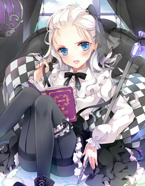 Anime picture 800x1024 with original 041 single long hair tall image blush open mouth blue eyes white hair teeth fang (fangs) checkered girl dress bow hair bow pantyhose frills staff