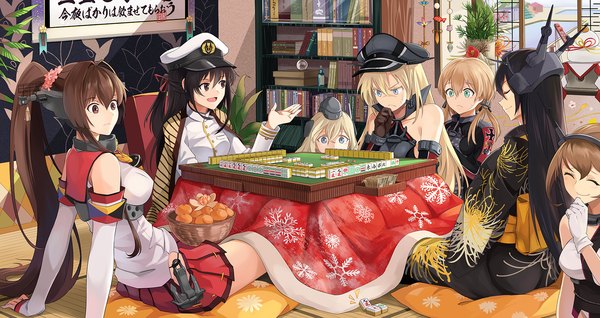 Anime picture 1700x902 with kantai collection yamato super battleship bismarck battleship nagato battleship prinz eugen (kantai collection) mutsu battleship u-511 submarine female admiral (kantai collection) neko (yanshoujie) long hair open mouth blue eyes black hair blonde hair smile brown hair wide image sitting twintails multiple girls