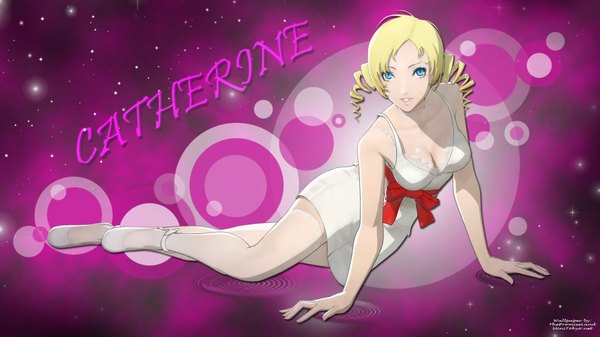 Anime picture 1920x1080 with catherine (game) catherine single long hair looking at viewer highres blue eyes blonde hair wide image cleavage inscription drill hair girl thighhighs white thighhighs