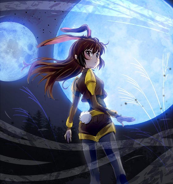 Anime picture 1280x1365 with rwby rooster teeth velvet scarlatina iesupa single long hair tall image looking at viewer brown hair standing brown eyes animal ears tail animal tail looking back wind bunny ears bunny girl bunny tail extra ears