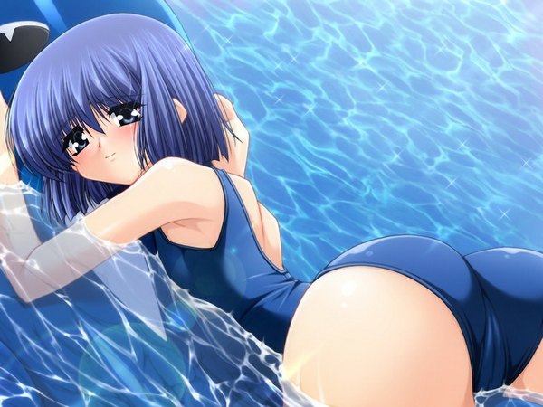 Anime picture 1024x768 with momiji happy story (game) blue eyes light erotic blue hair game cg girl swimsuit one-piece swimsuit school swimsuit