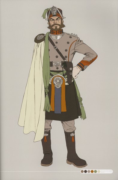 Anime picture 2957x4500 with last exile last exile: gin'yoku no fam gonzo linkage (artbook) kayvan range murata single tall image looking at viewer highres short hair simple background brown hair standing brown eyes full body scan grey background character names hand on hip