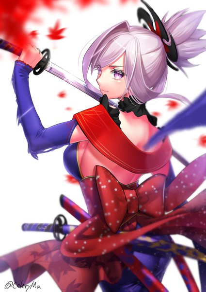 Anime picture 2508x3541 with fate (series) fate/grand order miyamoto musashi (fate) celeryma single long hair tall image looking at viewer fringe highres short hair breasts simple background large breasts white background purple eyes holding signed payot pink hair