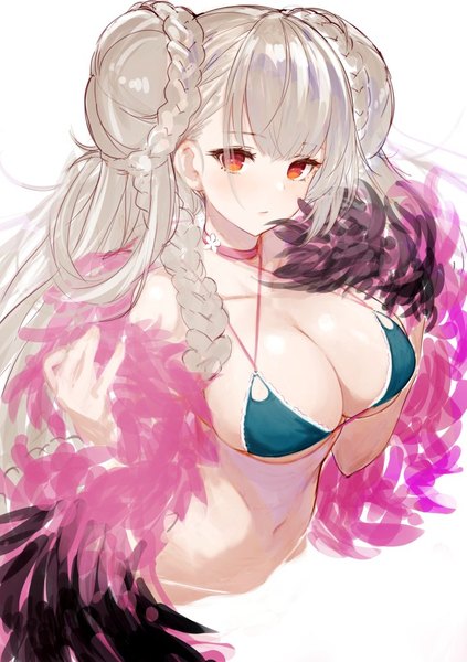 Anime picture 728x1032 with azur lane formidable (azur lane) formidable (the lady of the beach) (azur lane) inayama single long hair tall image looking at viewer breasts light erotic simple background red eyes large breasts white background upper body braid (braids) grey hair hair bun (hair buns) braided bun girl